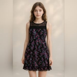 Romanic Ethereal Silk Dress Ruffle Hem Lace Bodice Lined O Petite Mini Black Red